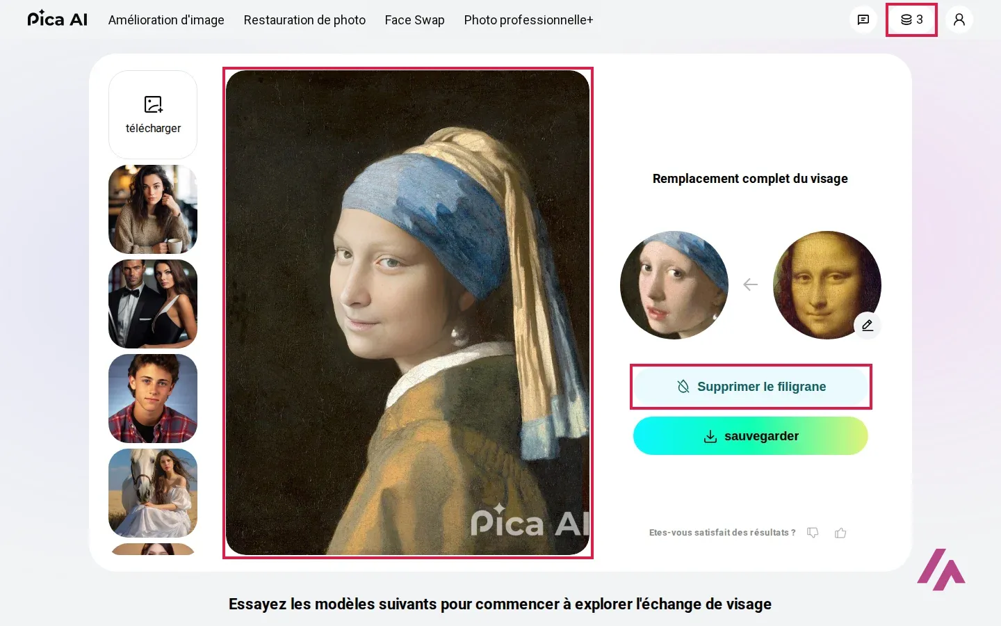 Résultat de l’échange de visage : La Jeune Fille à la perle avec le visage de La Joconde et le filigrane Pica AI, avec le bouton Supprimer le filigrane et le compteur passé à 3 crédits encadrés
