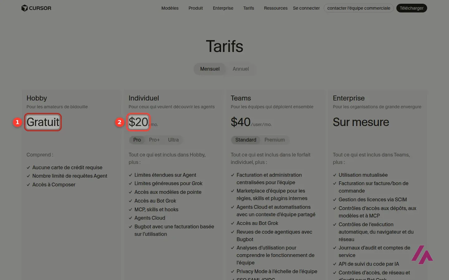 Page des tarifs de Cursor en paiement mensuel, avec la formule Hobby gratuite encadrée en 1 et la formule Pro à 20 dollars par mois encadrée en 2