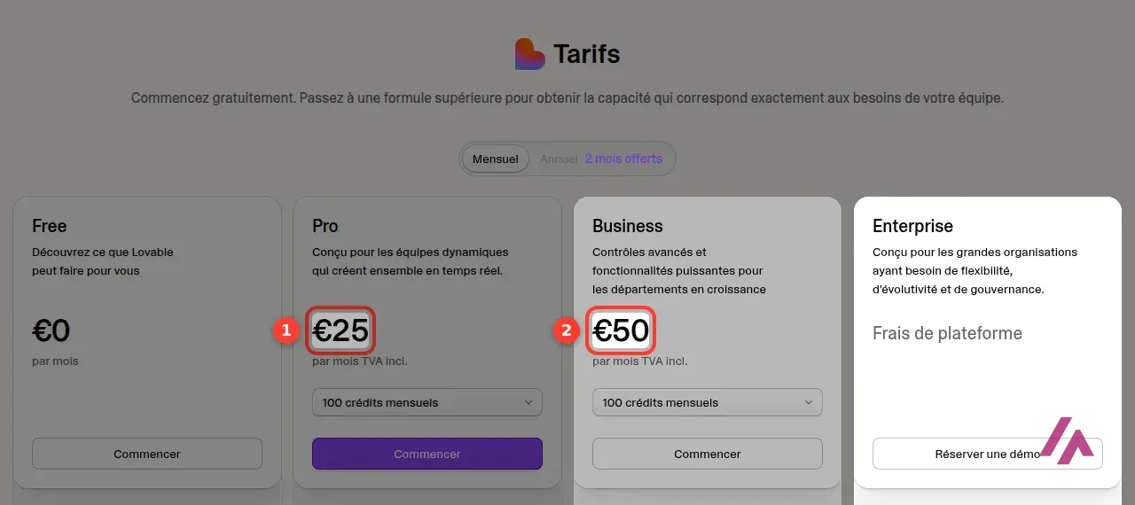 Page des tarifs de Lovable en français avec les formules Free, Pro, Business et Enterprise, les prix du Pro et du Business encadrés et numérotés