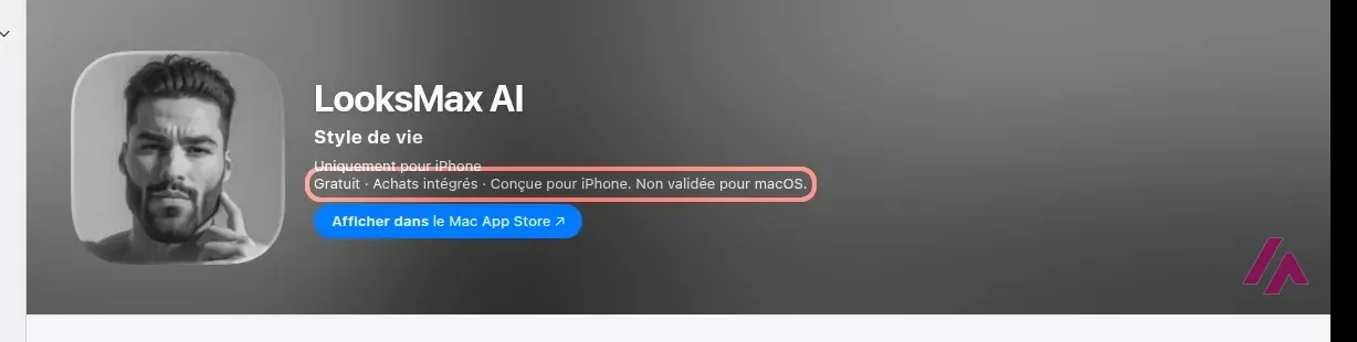 En-tête de la fiche App Store France de LooksMax AI, avec la ligne « Gratuit · Achats intégrés · Conçue pour iPhone » encadrée