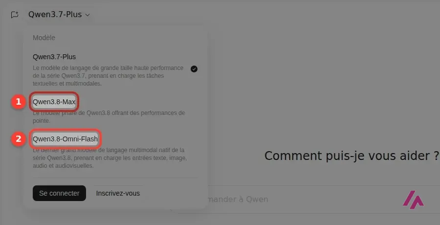 Menu Modèle de Qwen ouvert, avec Qwen3.8-Max encadré en 1 et Qwen3.8-Omni-Flash encadré en 2 sous Qwen3.7-Plus