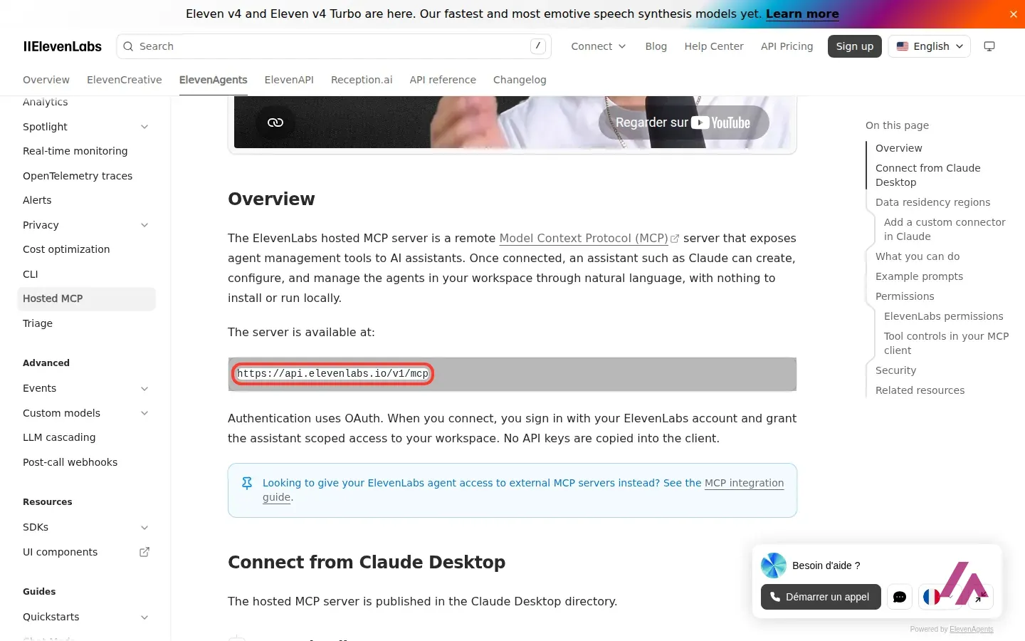 Documentation d’ElevenLabs sur le serveur MCP hébergé, avec l’adresse du serveur encadrée et l’explication de la connexion OAuth