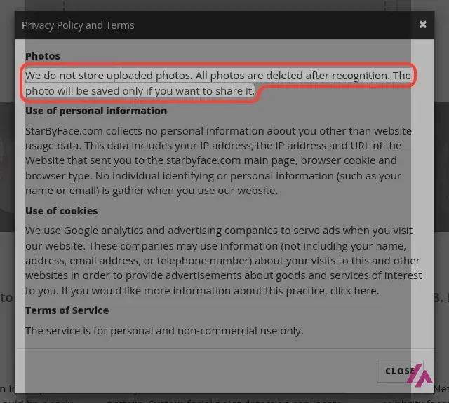 Fenêtre Privacy Policy and Terms de StarByFace, avec la phrase sur les photos supprimées après la reconnaissance encadrée en rouge