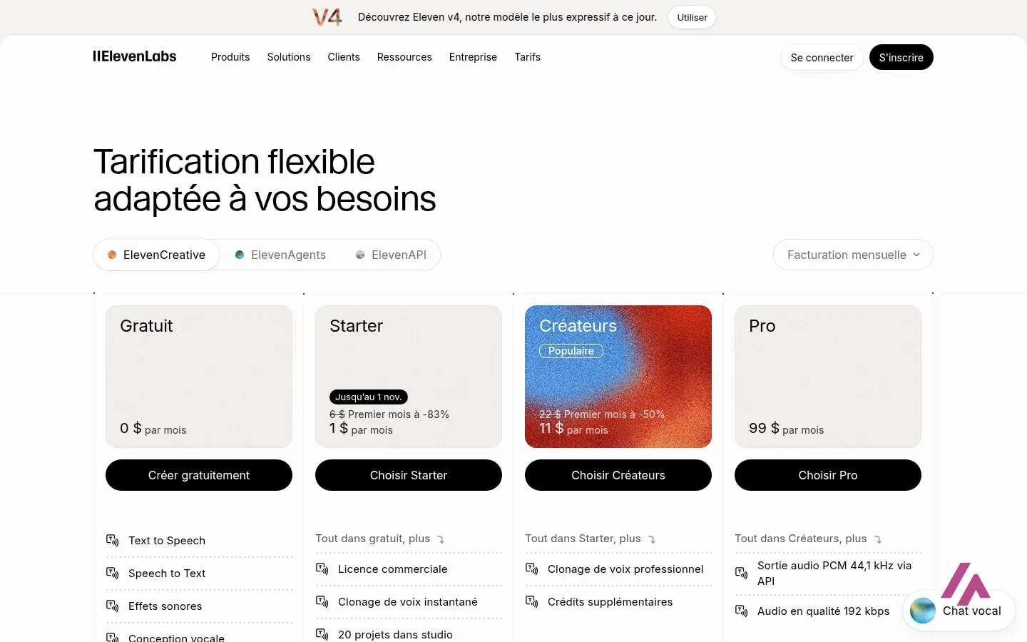 Page des tarifs d’ElevenLabs en français avec les formules Gratuit, Starter, Créateurs et Pro, en dollars par mois