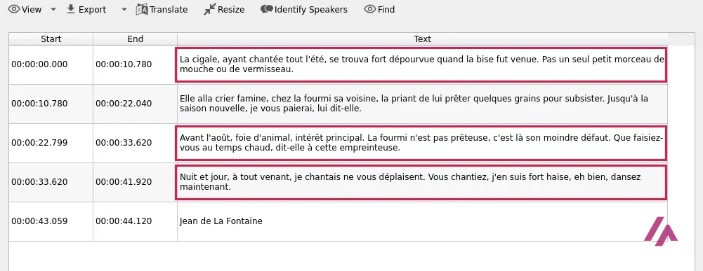 Transcription du même extrait par Buzz avec le modèle Large-v3-turbo, en cinq segments, avec les trois lignes qui contiennent encore des fautes encadrées