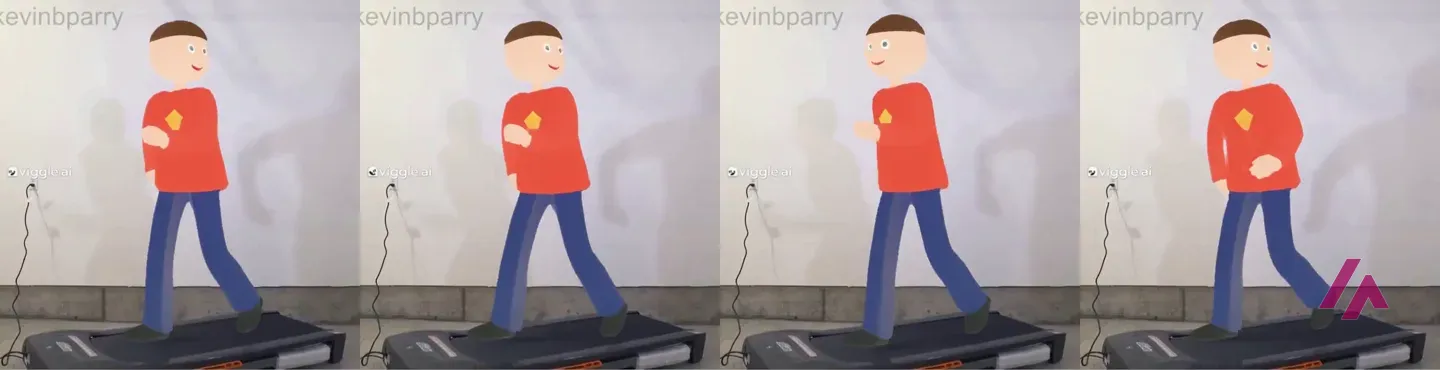 Quatre images tirées de la vidéo générée par Viggle, où le bonhomme dessiné marche de trois quarts sur un tapis de course en balançant les bras