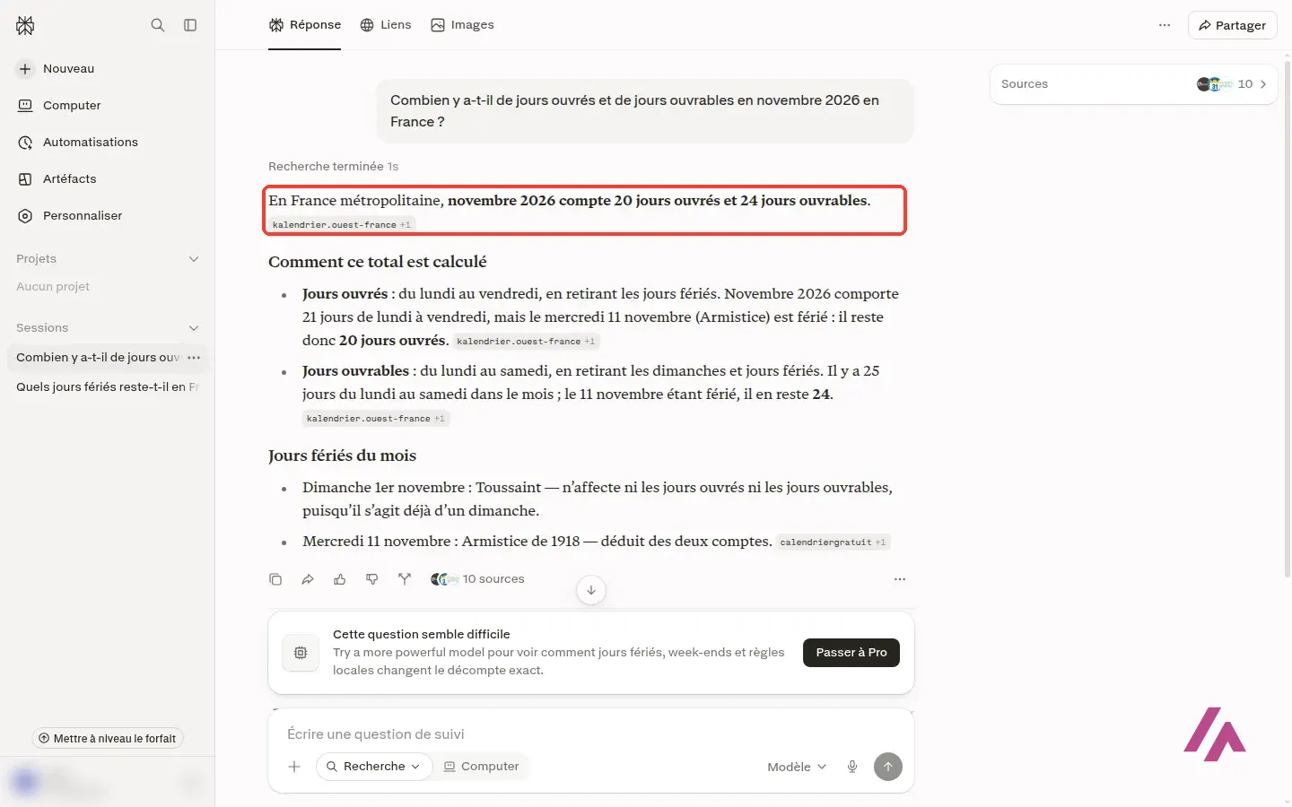 Réponse de Perplexity dont la première phrase, encadrée, indique 20 jours ouvrés et 24 jours ouvrables en novembre 2026 en France métropolitaine, suivie du détail du calcul