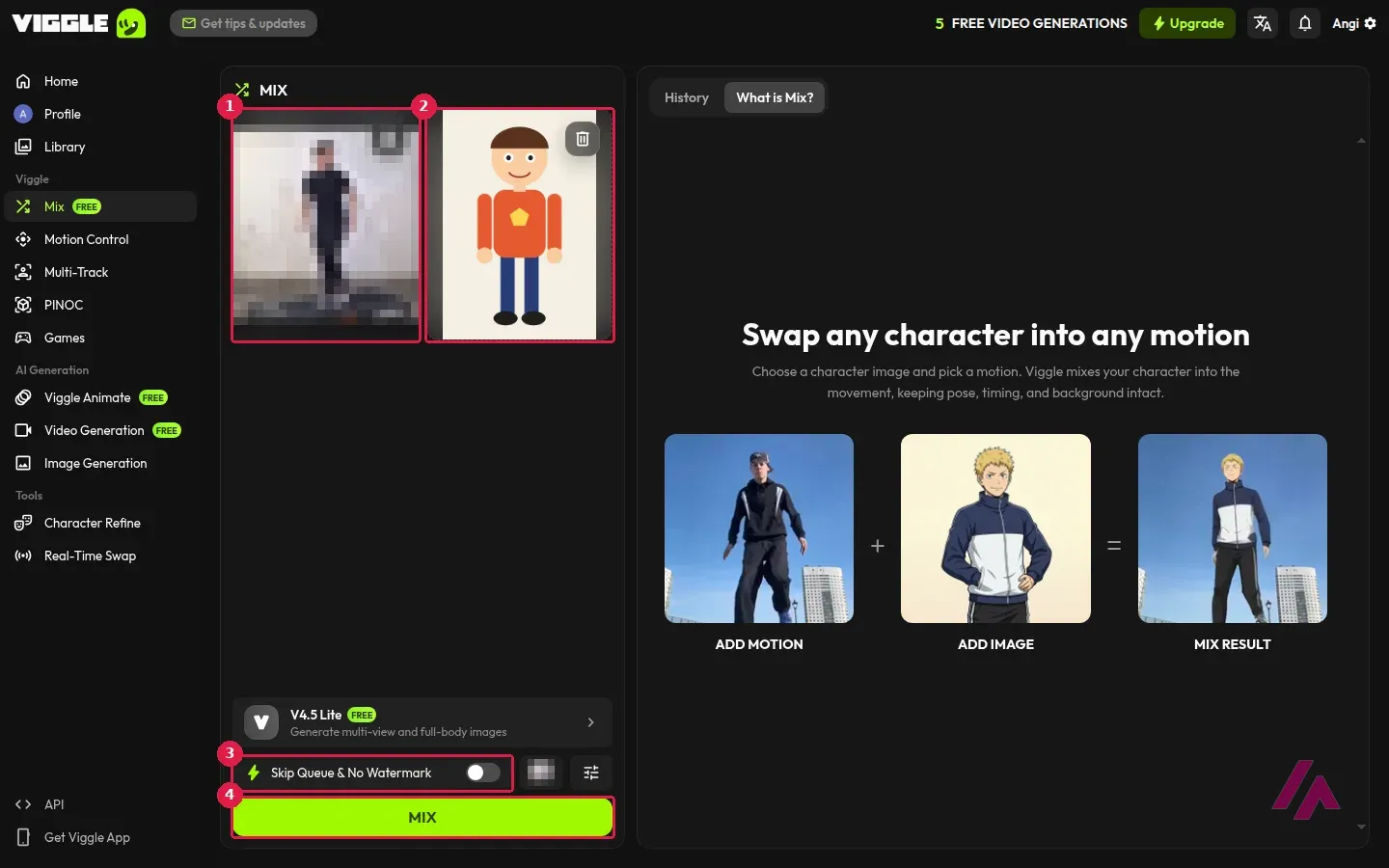 Écran Mix de Viggle avec la vidéo de mouvement encadrée en 1, le bonhomme dessiné encadré en 2, l’option payante Skip Queue & No Watermark encadrée en 3 et le bouton MIX encadré en 4