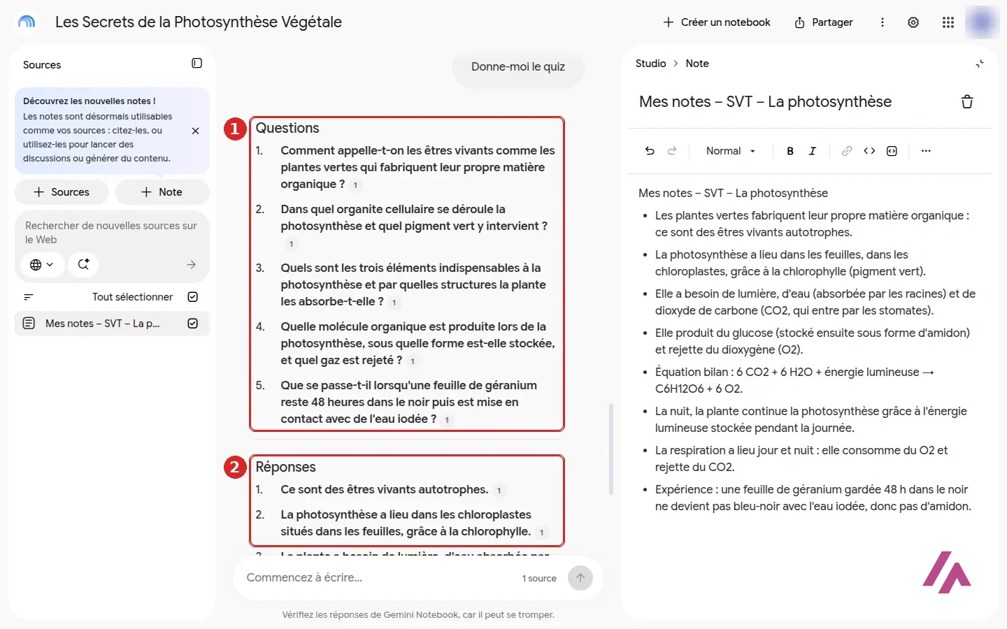 Quiz de Gemini Notebook sur la photosynthèse, avec les cinq questions encadrées en 1 et le début des réponses encadré en 2