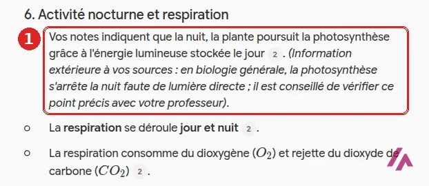 Partie Activité nocturne et respiration de la fiche de Gemini Notebook, avec la remarque Information extérieure à vos sources encadrée en 1
