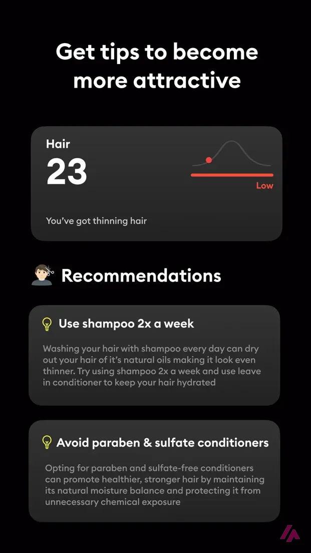Écran de conseils de LooksMax AI avec un score « Hair » de 23 et des recommandations sur le shampooing et l’après-shampooing
