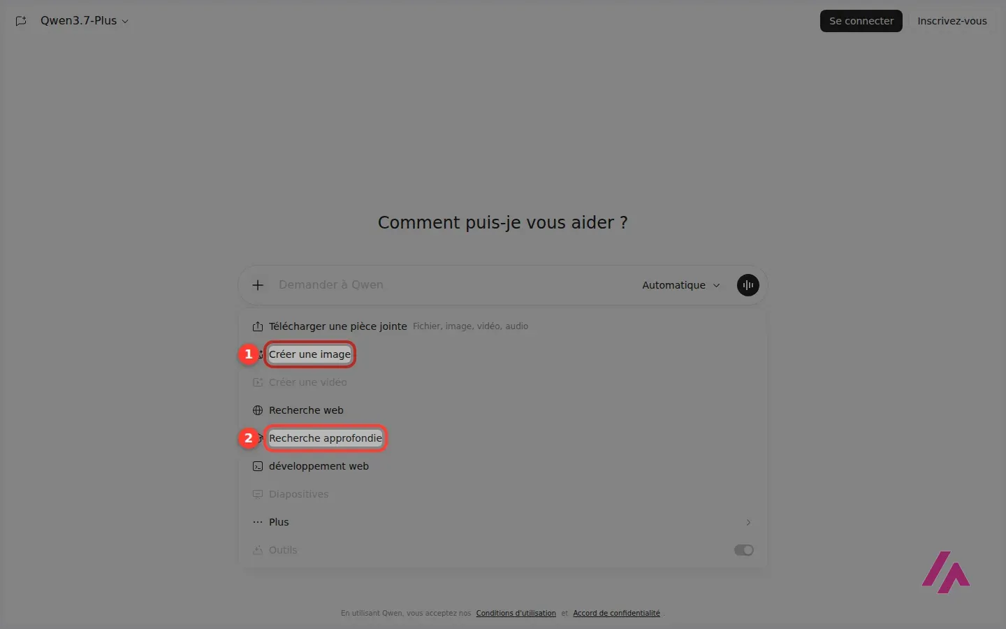 Menu du bouton plus de Qwen ouvert, avec Créer une image encadré en 1 et Recherche approfondie encadré en 2