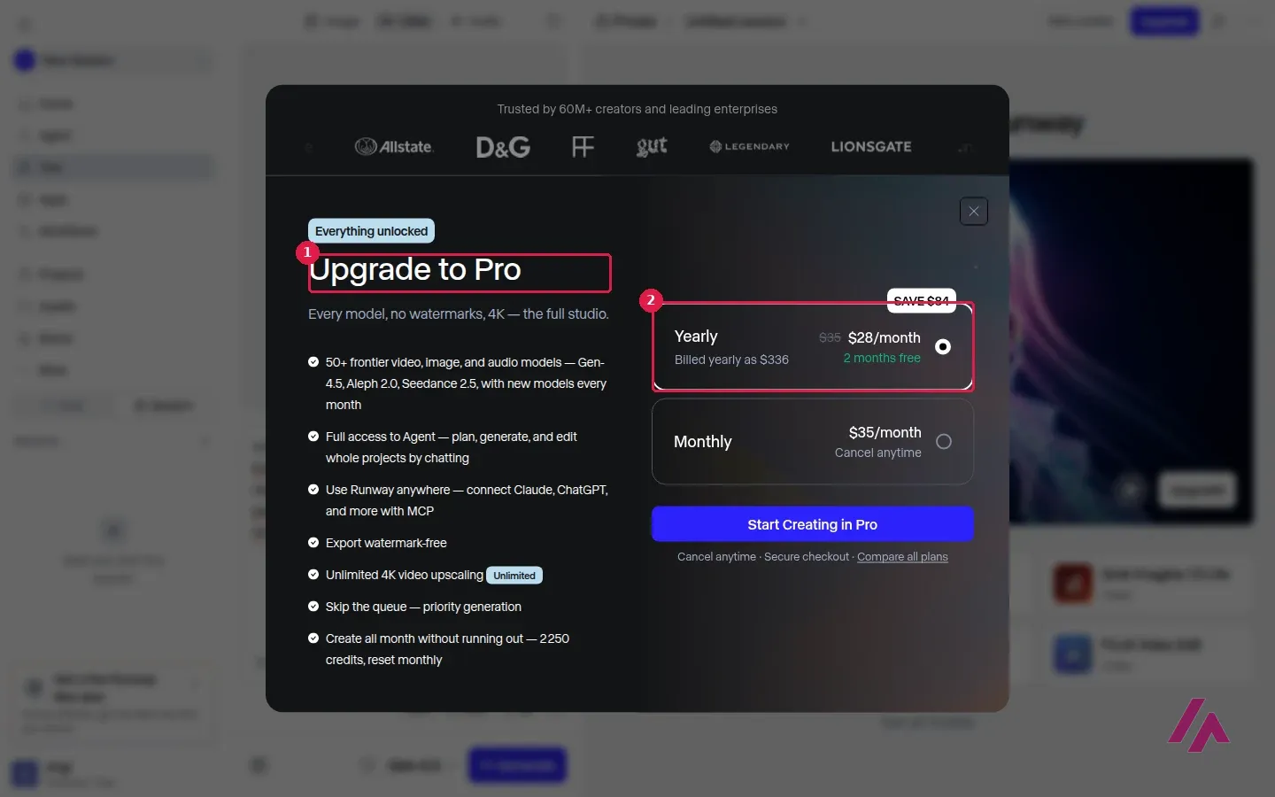 Fenêtre Upgrade to Pro de Runway affichée après avoir cliqué sur Generate avec le compte gratuit, avec le titre encadré en 1 et l’offre annuelle à 28 dollars par mois encadrée en 2