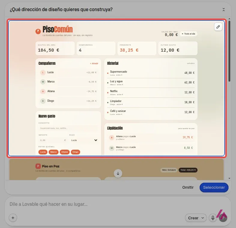 Fenêtre de Lovable demandant quelle direction de design construire, avec la première proposition de la calculatrice de dépenses encadrée