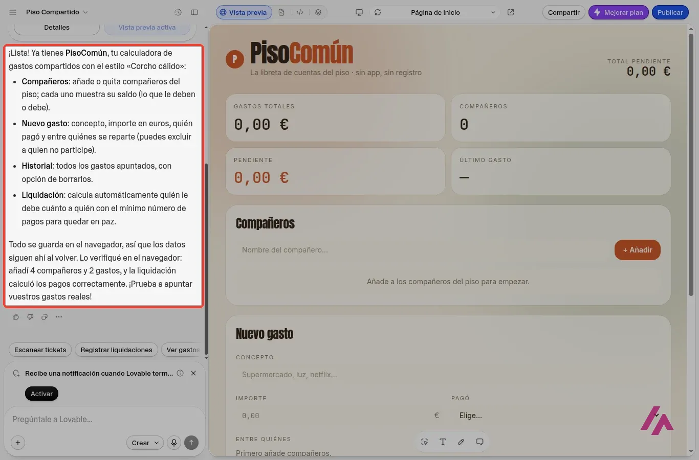 Projet Lovable terminé, avec le résumé de ce qu’il a construit encadré dans le chat et la calculatrice PisoComún dans l’aperçu
