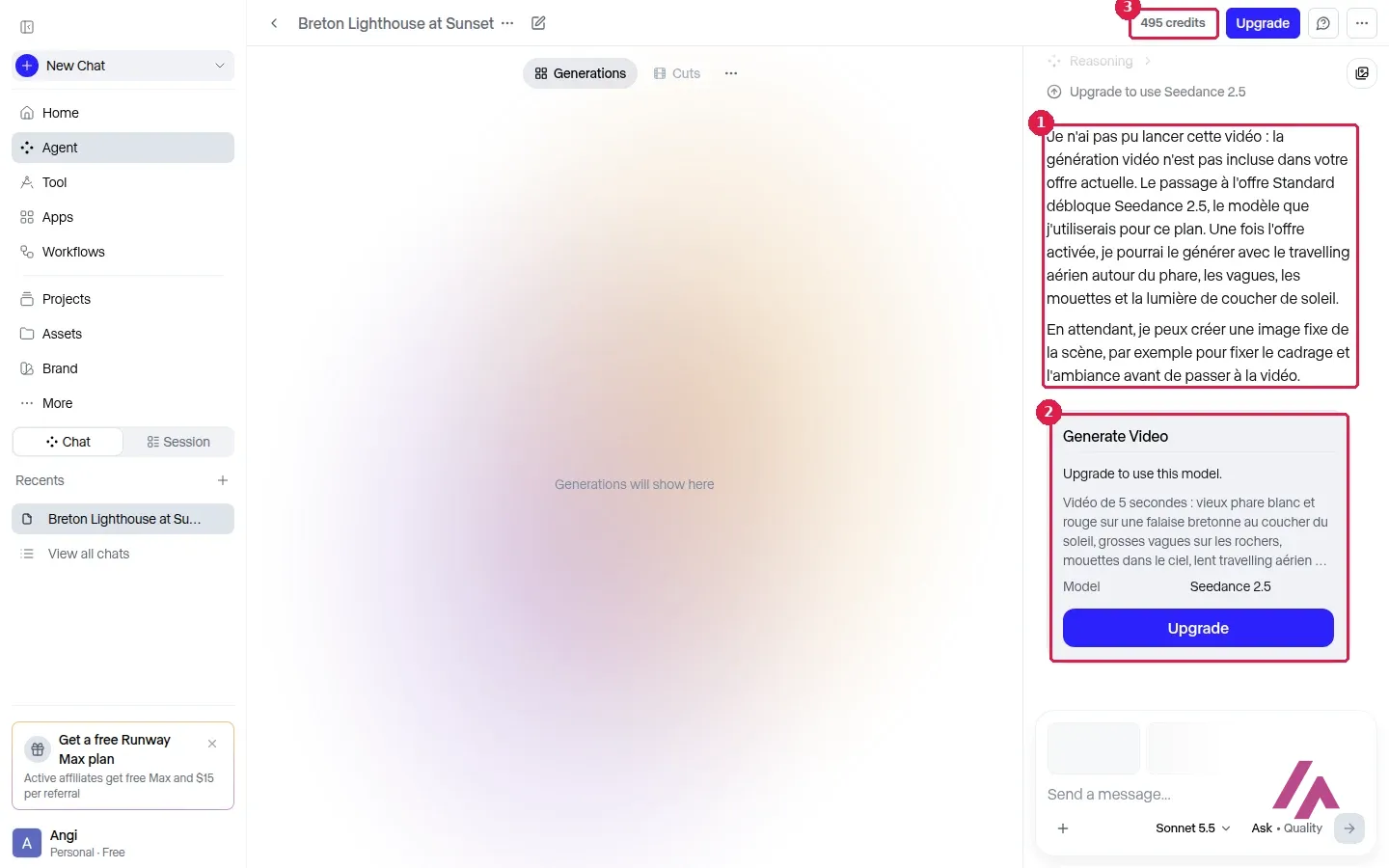 Conversation avec l’Agent de Runway qui explique en français que la génération vidéo n’est pas incluse dans l’offre gratuite, avec sa réponse encadrée en 1, la carte Generate Video avec le bouton Upgrade encadrée en 2 et le solde de 495 crédits encadré en 3