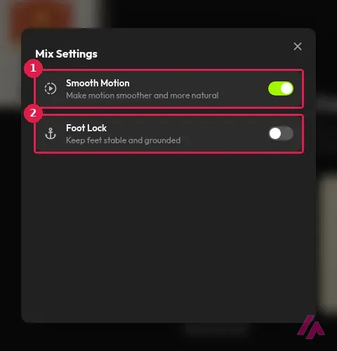 Fenêtre Mix Settings de Viggle avec l’option Smooth Motion activée encadrée en 1 et l’option Foot Lock encadrée en 2