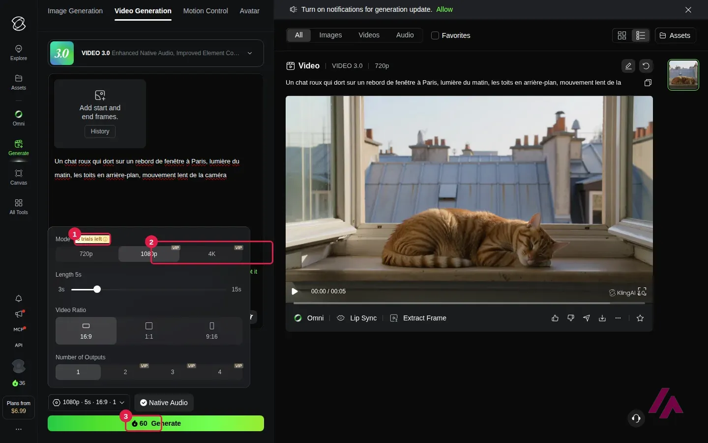 Réglages de génération vidéo dans Kling AI, avec la mention de 3 essais restants encadrée en 1, les résolutions 1080p et 4K marquées VIP encadrées en 2 et le coût de 60 crédits sur le bouton Generate encadré en 3