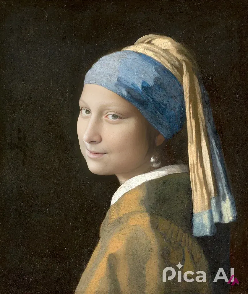 Image téléchargée depuis Pica AI sans compte : La Jeune Fille à la perle de Vermeer avec le visage de La Joconde et le filigrane Pica AI en bas à droite