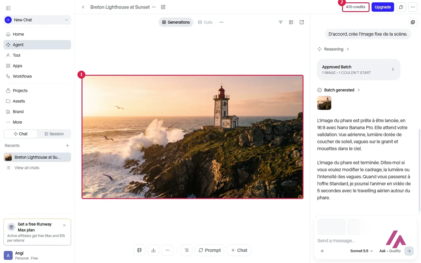 Image générée par l’Agent de Runway montrant un phare blanc à lanterne rouge sur une falaise au coucher du soleil, avec l’image encadrée en 1 et le solde de 470 crédits encadré en 2