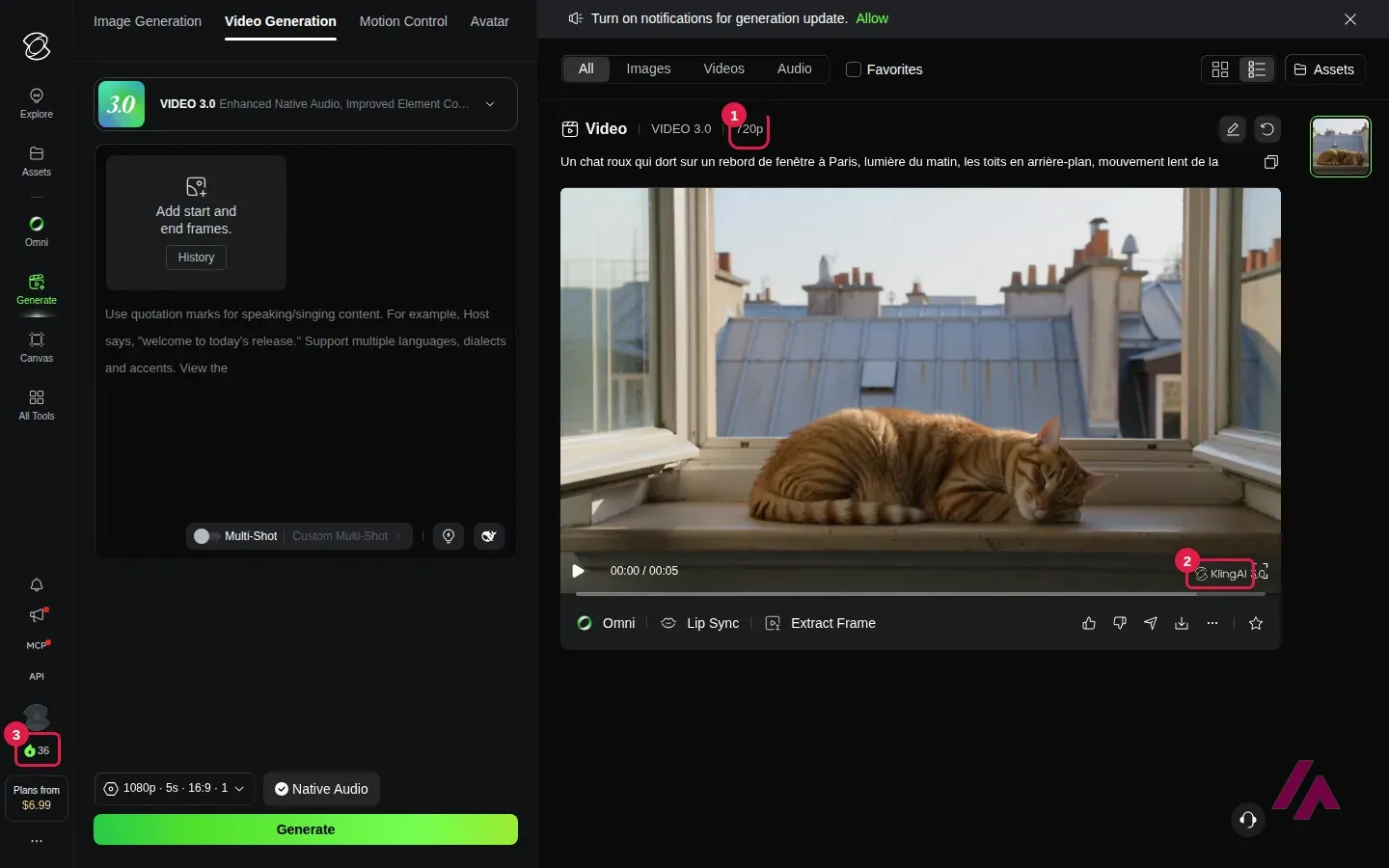 Clip généré par Kling AI montrant un chat roux endormi sur un rebord de fenêtre devant des toits parisiens, avec la résolution 720p encadrée en 1, le filigrane KlingAI encadré en 2 et le solde de 36 crédits encadré en 3