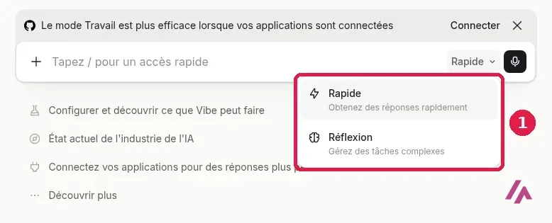 Barre de saisie de Mistral Vibe avec le menu des modes ouvert, encadré en 1, qui ne propose que Rapide et Réflexion