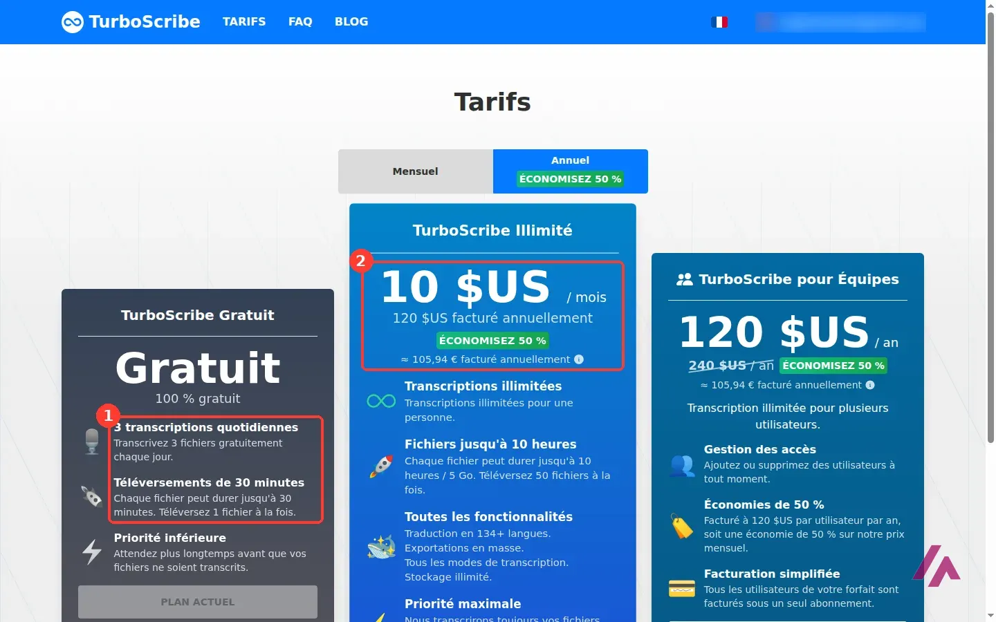 Page des tarifs de TurboScribe en français avec les limites de la formule gratuite encadrées en 1 et le prix de l’offre Illimité à 10 dollars par mois facturé annuellement encadré en 2