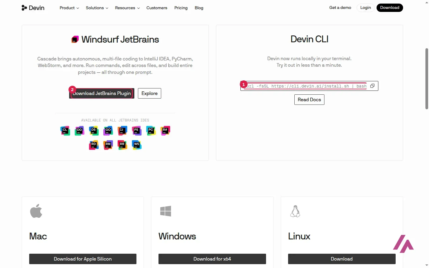 Page de téléchargement de Devin avec la commande d’installation de Devin CLI encadrée en 1 et le plugin pour les éditeurs JetBrains encadré en 2