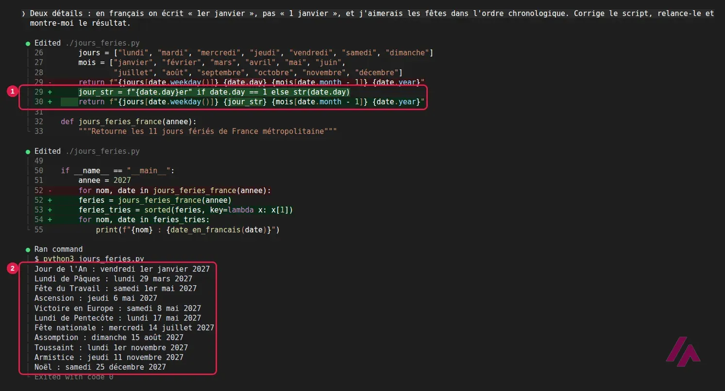 Terminal avec la demande de correction en français, la modification du code pour écrire 1er encadrée en 1 et la liste corrigée dans l’ordre chronologique encadrée en 2