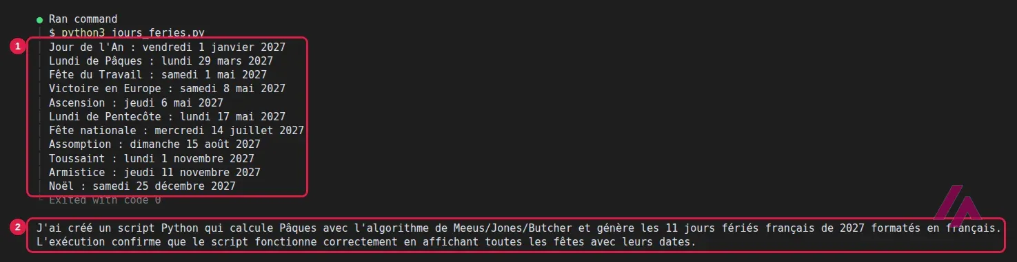 Terminal avec Devin CLI qui exécute jours_feries.py, les 11 jours fériés de 2027 encadrés en 1 et le résumé en français encadré en 2