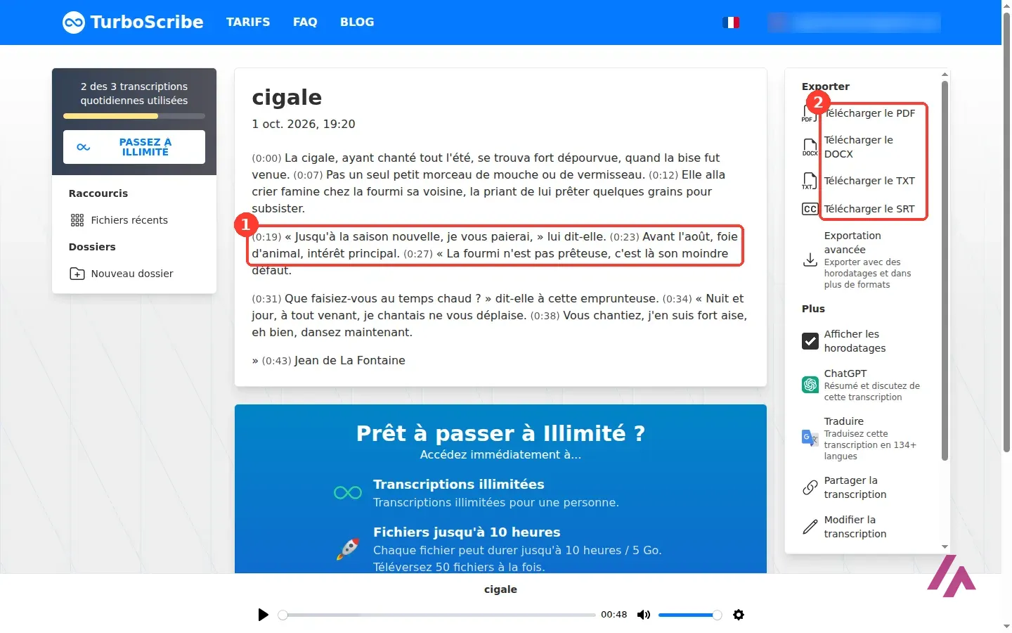 Transcription de La Cigale et la Fourmi par TurboScribe en mode Baleine, avec la ligne contenant foie d’animal et intérêt principal encadrée en 1 et les boutons de téléchargement PDF, DOCX, TXT et SRT encadrés en 2
