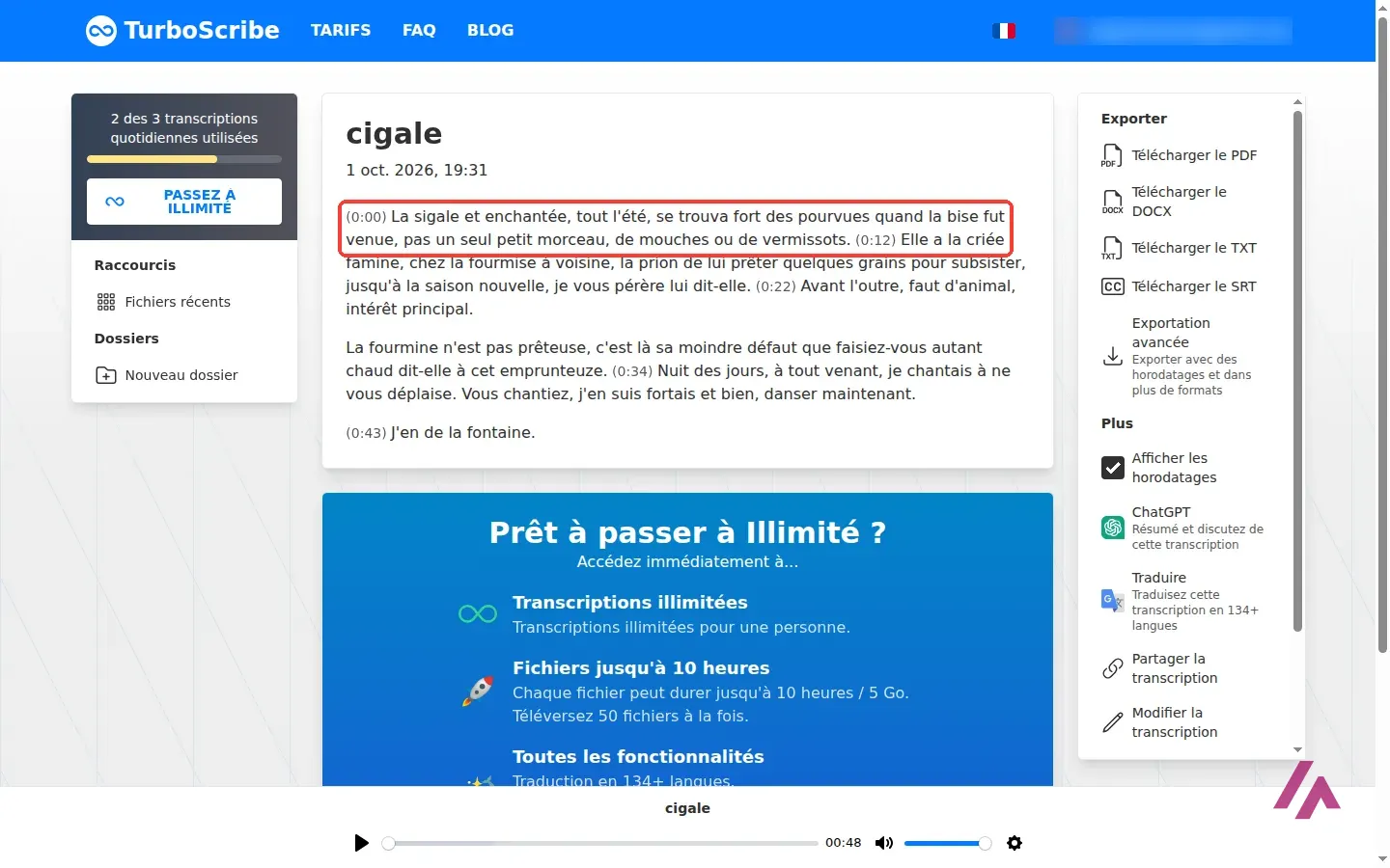 Transcription du même extrait par TurboScribe en mode Guépard, avec les premières lignes encadrées où l’on lit La sigale et enchantée et des pourvues