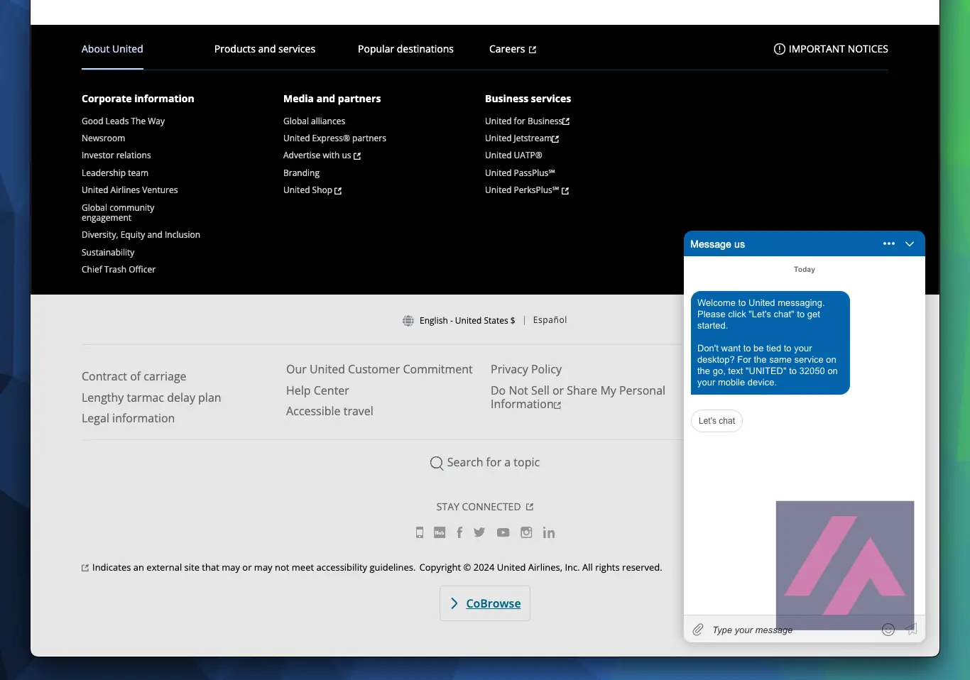 ChatBot de United Airlines soutenu par l'intelligence artificielle.