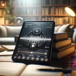 Plateforme de livres audio numériques dans un environnement domestique, combinant des éléments modernes avec la tradition de la lecture.