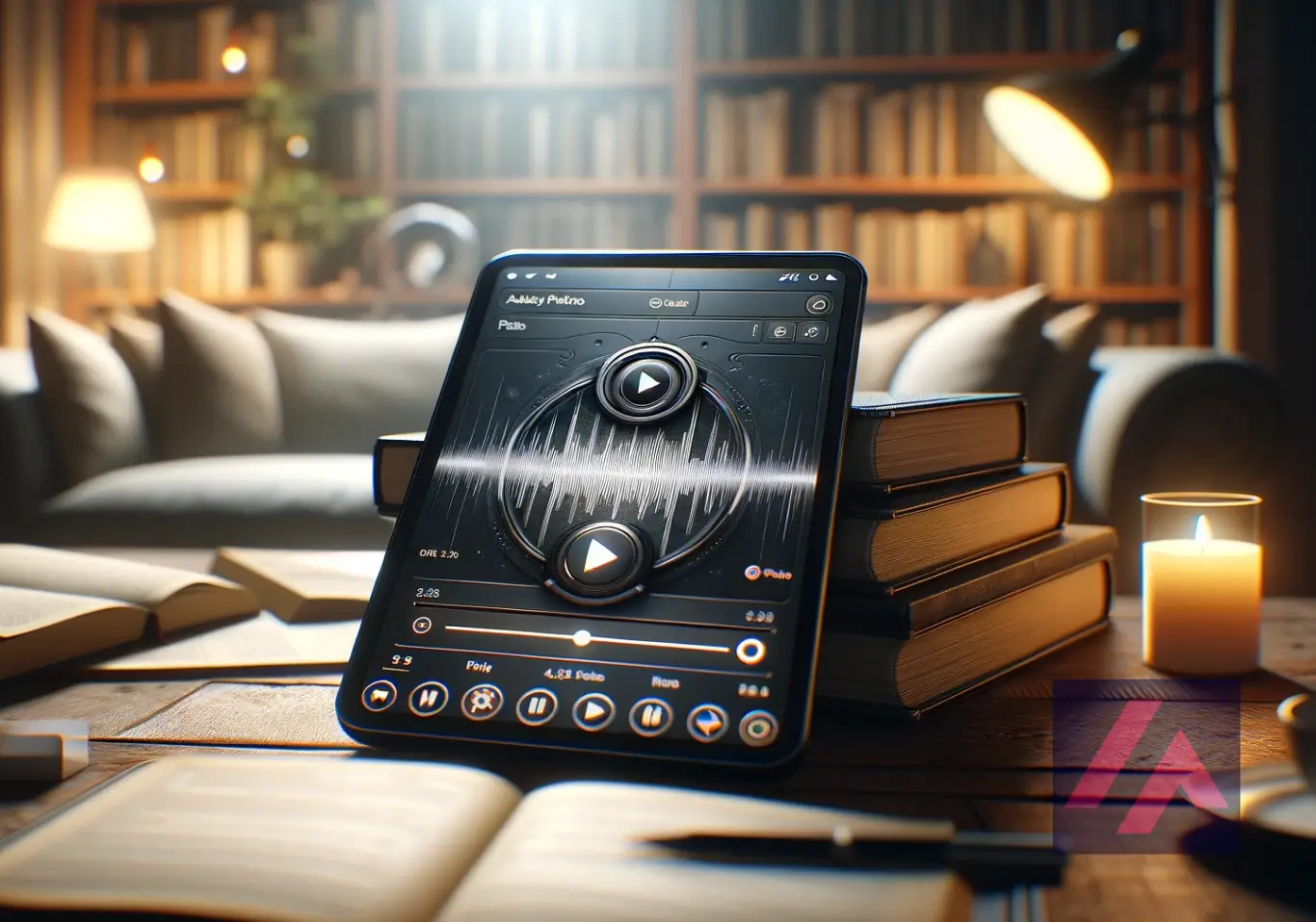 Plateforme de livres audio numériques dans un environnement domestique, combinant des éléments modernes avec la tradition de la lecture.