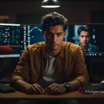 Un jeune homme regardant la caméra après avoir créé un deepfake de lui-même visible sur l'écran derrière lui.