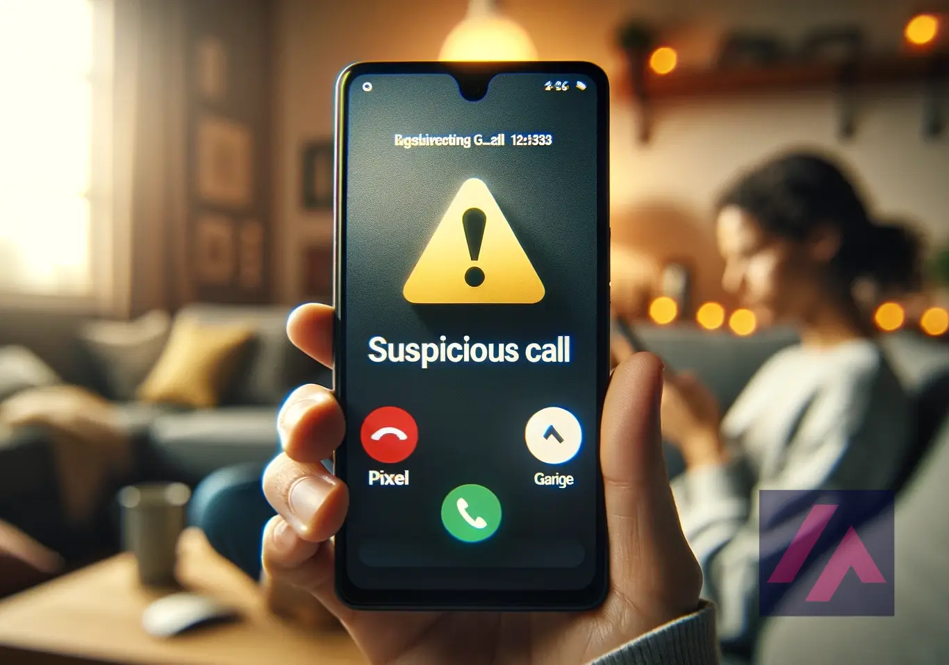 Un téléphone Android (Pixel) affichant une alerte d'appel suspect sur un écran. Arrière-plan légèrement flou d'une personne utilisant le téléphone dans un environnement domestique, avec un éclairage chaud et naturel, donnant une sensation de sécurité et de confort.