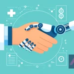 Une grande image minimaliste d'une main humaine et d'un bras robotisé s'agitant, symbolisant la collaboration entre les médecins et l'IA, sur un fond bleu clair et des éléments graphiques simples de scanners médicaux.
