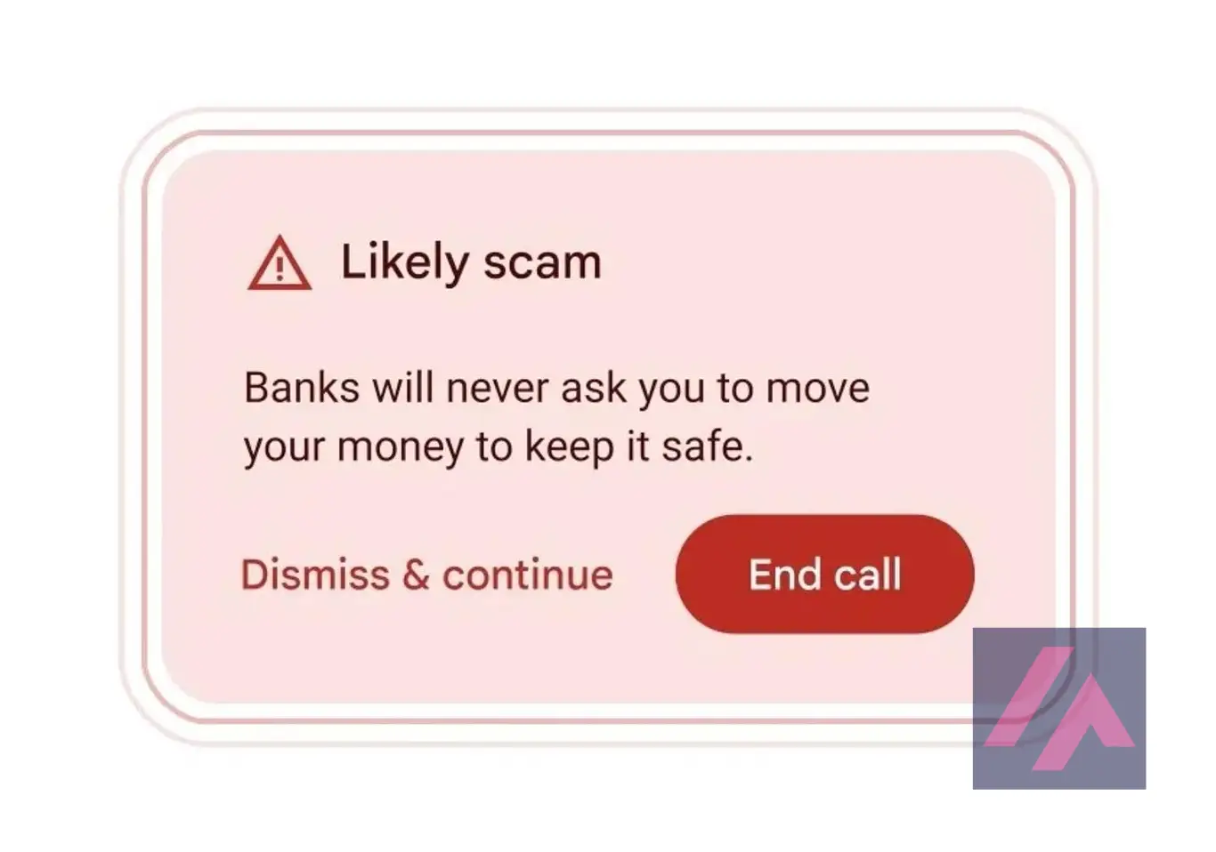 Message d'alerte de Google AI lors de la réception d'un appel frauduleux.