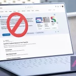Ordinateur portable avec la page web de Google affichant SGE et un symbole d'interdiction dessus.