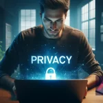 Utilisateur avec un ordinateur préoccupé par la confidentialité.