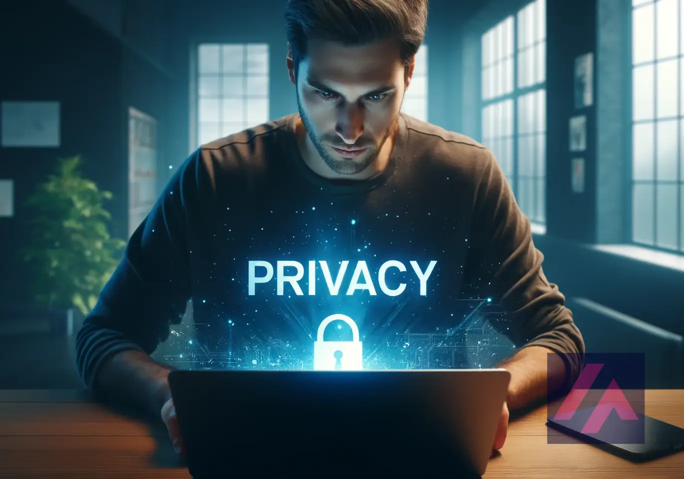 Utilisateur avec un ordinateur préoccupé par la confidentialité.