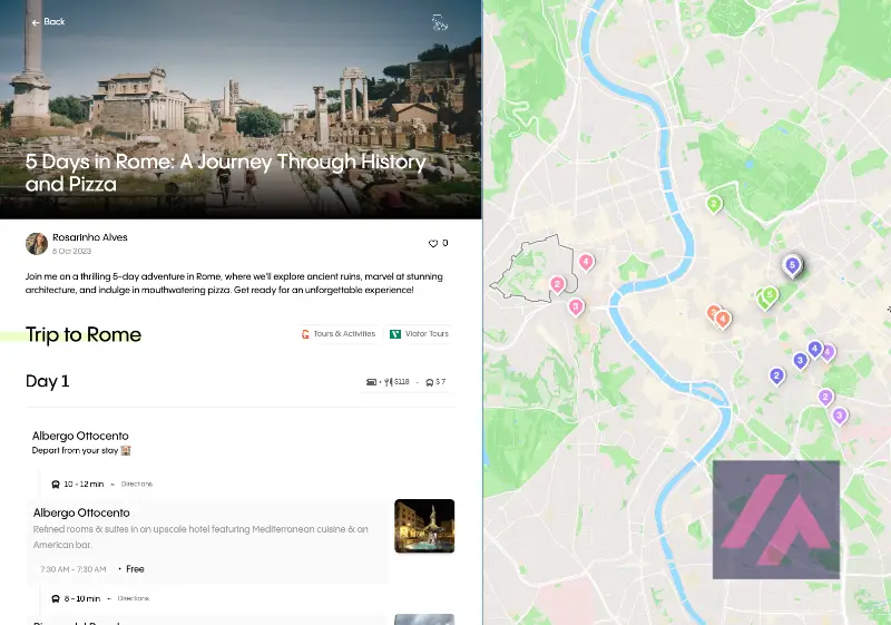 Exemple de voyage à Rome planifié par Trip Planner AI.