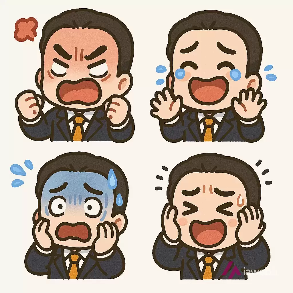 Planche de quatre stickers générés avec ChatGPT : un homme en costume en colère, mort de rire, angoissé et hilare