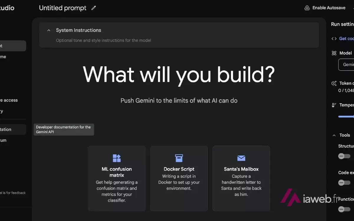 Écran d'accueil de Google AI Studio : « What will you build ? » et trois exemples de prompts (ML confusion matrix, Docker Script, Santa's Mailbox)