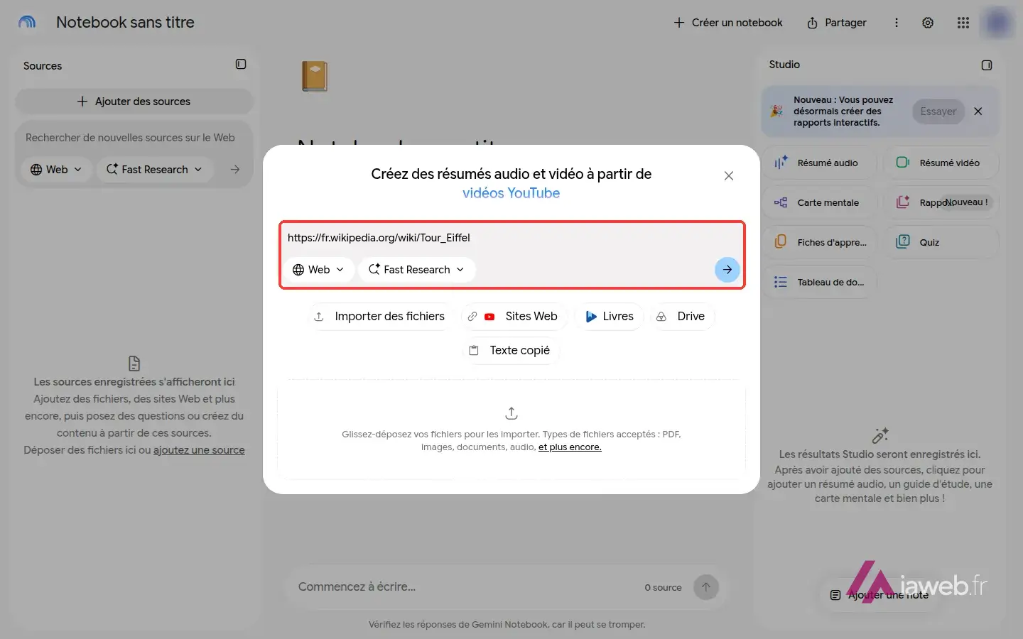Fenêtre Ajouter des sources de Gemini Notebook, avec l'adresse d'une page Wikipédia collée dans le champ encadré