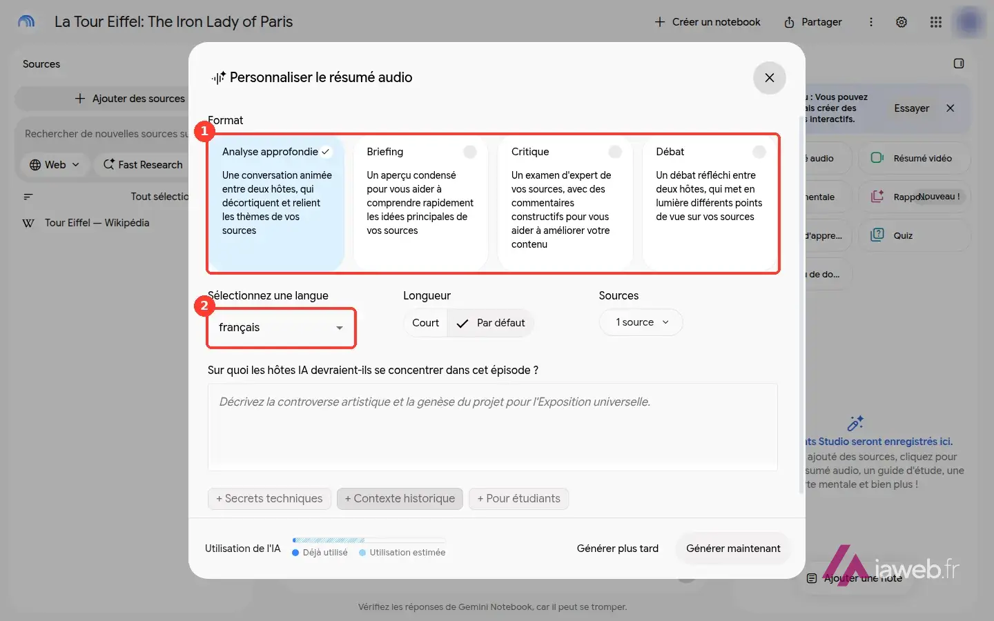 Fenêtre Personnaliser le résumé audio de Gemini Notebook, avec quatre formats (1) et choix de la langue (2)