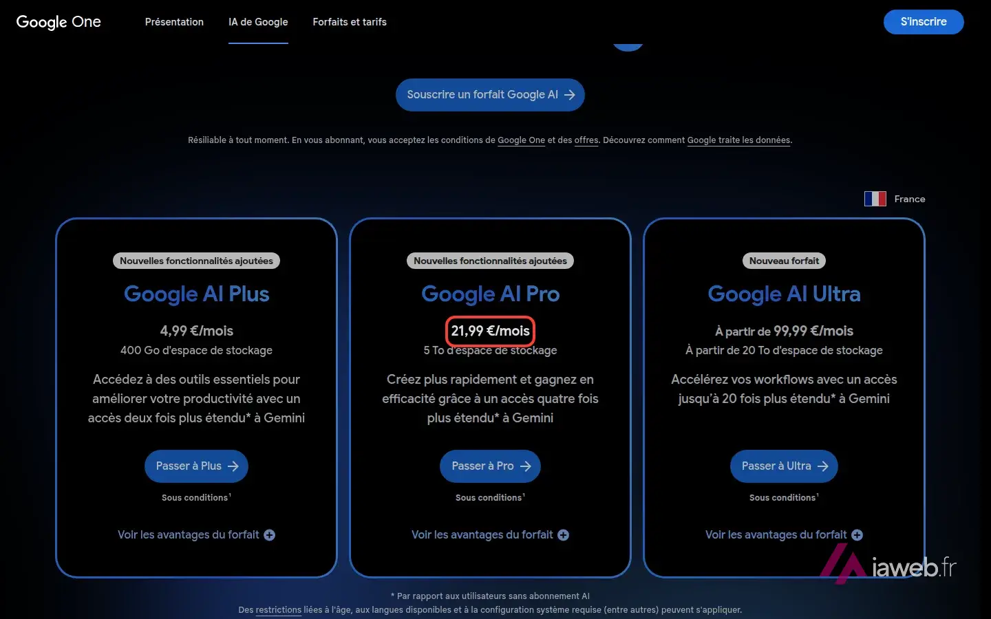 Forfaits Google AI affichés pour la France, avec le prix de Google AI Pro encadré