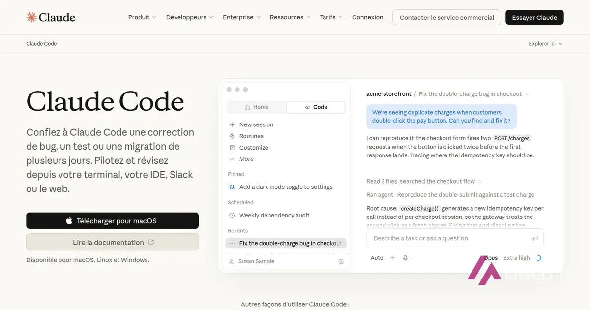 Page officielle de Claude Code en français, avec le bouton de téléchargement et un aperçu de l'application
