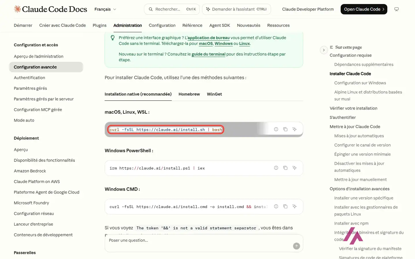 Documentation officielle de Claude Code en français, avec la commande d'installation pour macOS, Linux et WSL encadrée